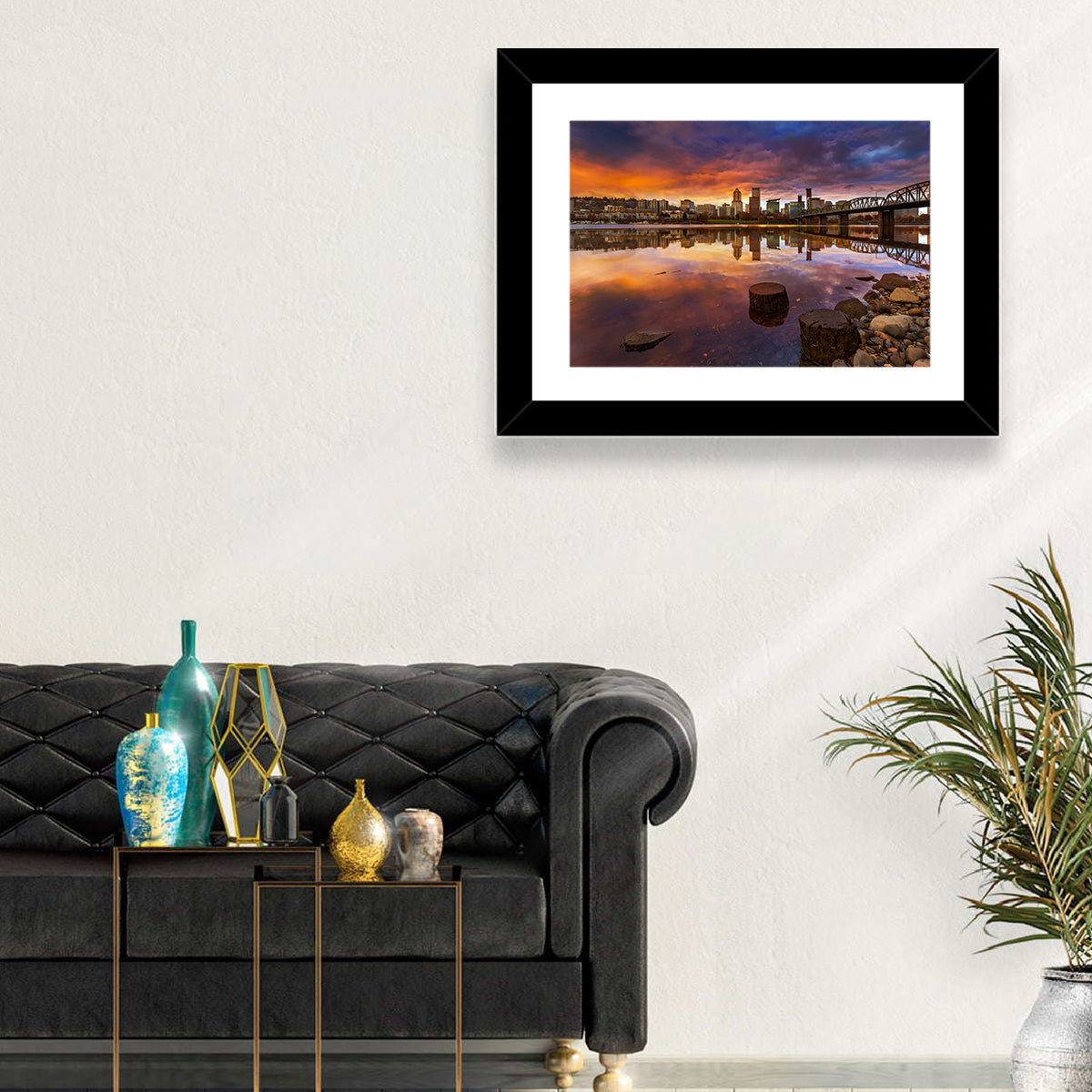Portland Skyline at Sunset Wall Art in a room, landscape