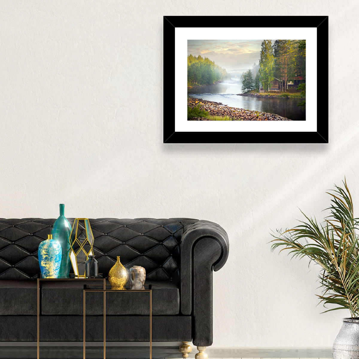 Misty River with Red Roof Cabin Wall Art in a room, landscape