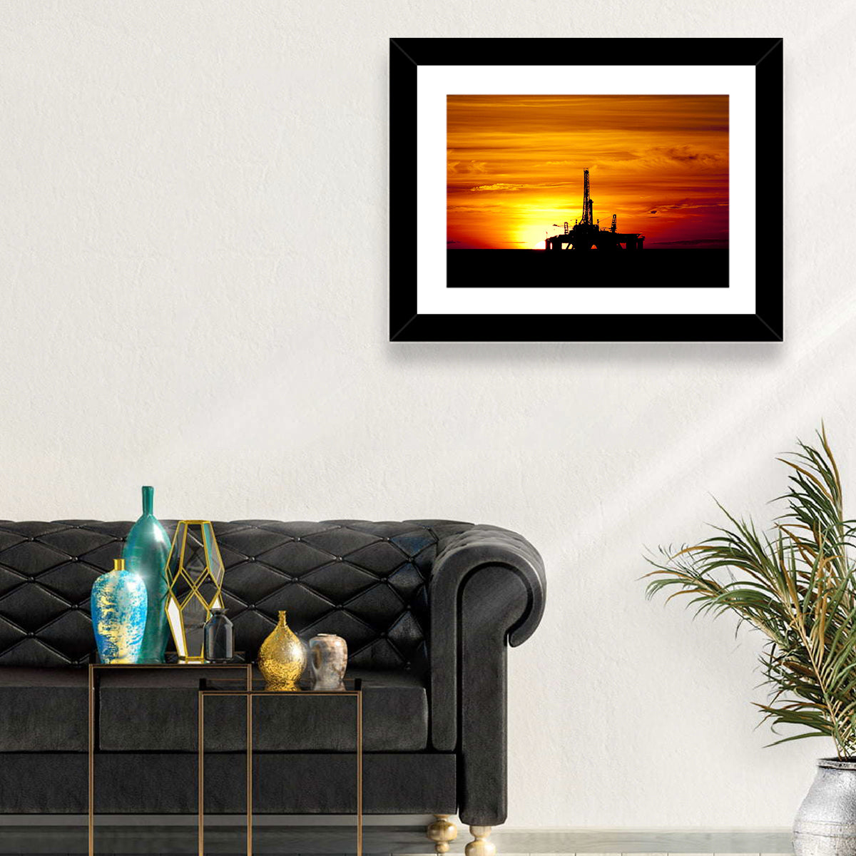 Offshore Oil Rig at Sunset Wall Art in a room, landscape
