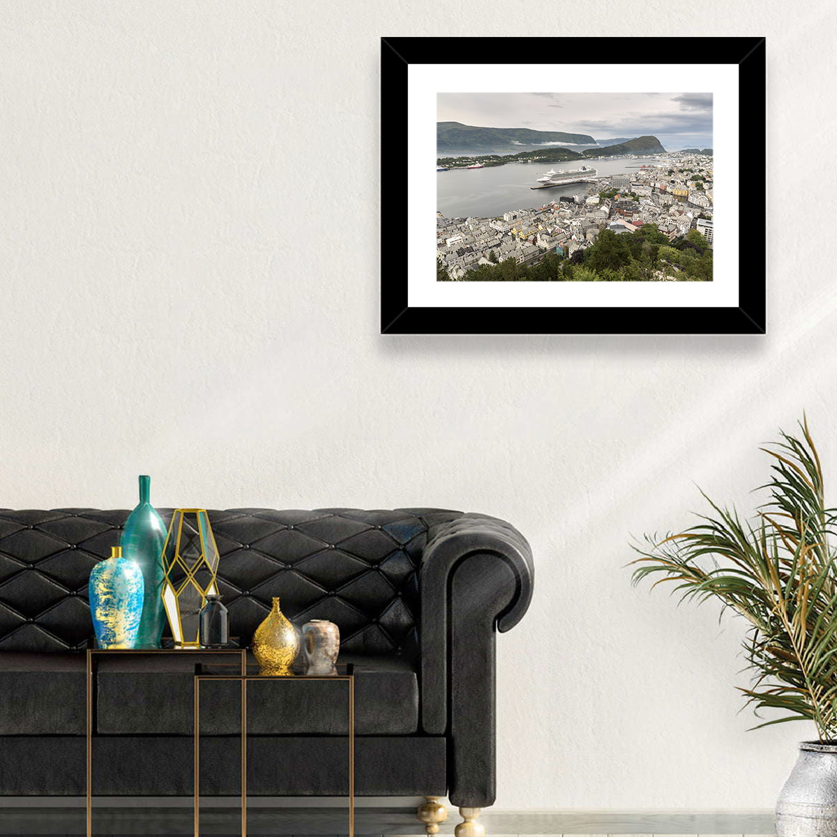 Alesund Harbor Cityscape Wall Art in a room, landscape