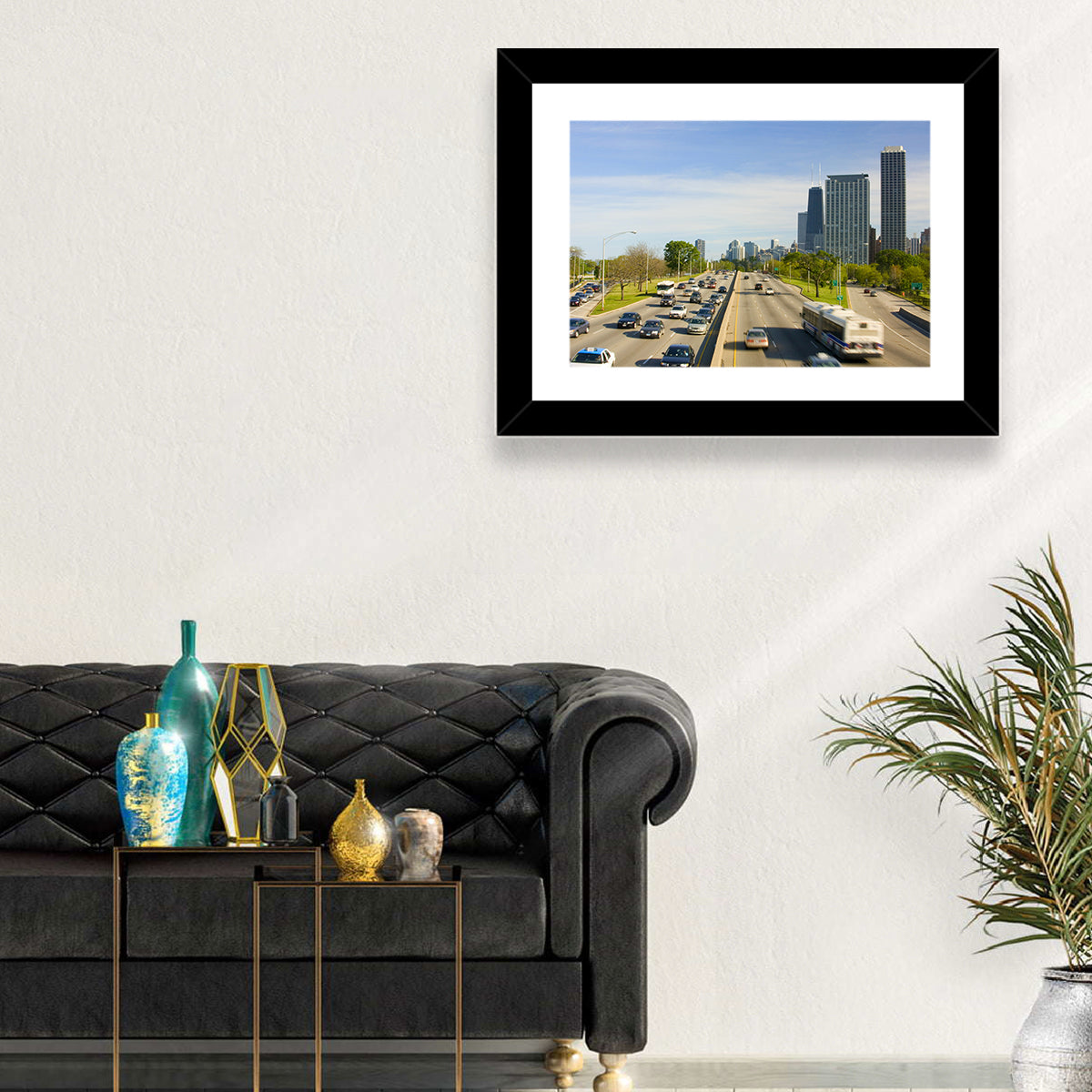 Chicago Expressway Toward Downtown Skyline Wall Art in a room, landscape