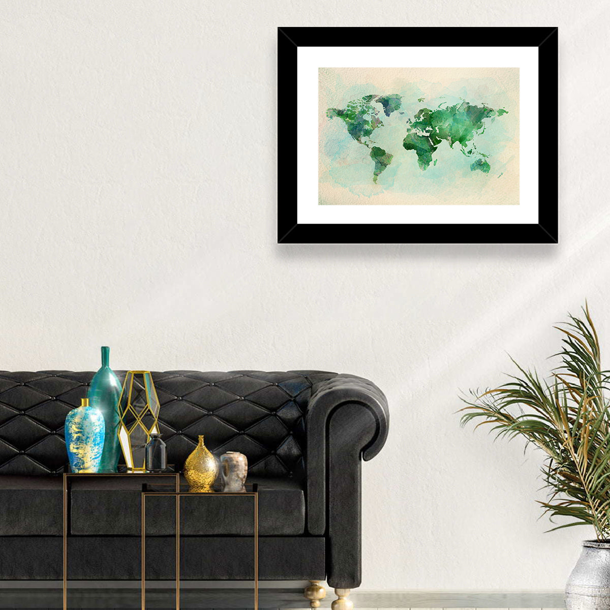Green Watercolor World Map Wall Art in a room, landscape