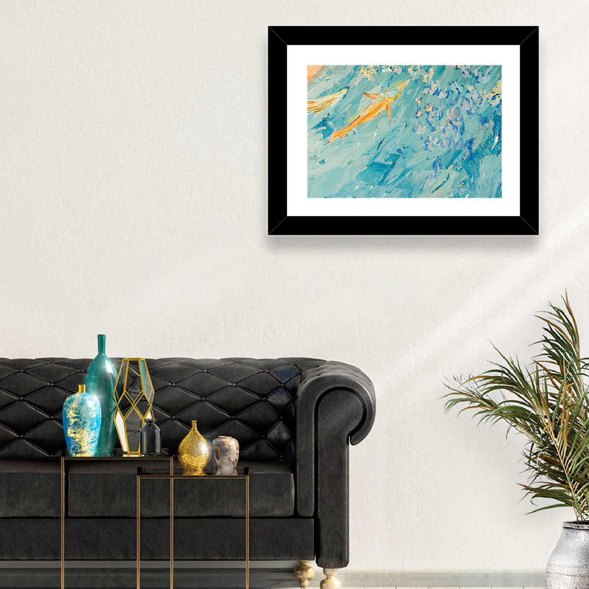 Koi in Blue Abstract Wall Art in a room, landscape