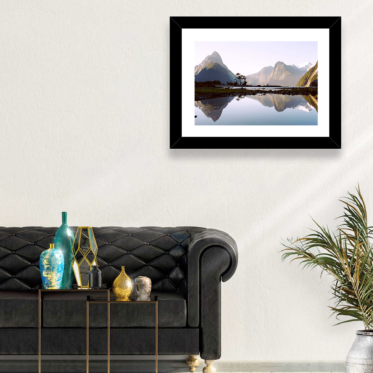 Mitre Peak Reflection at Milford Sound Wall Art in a room, landscape