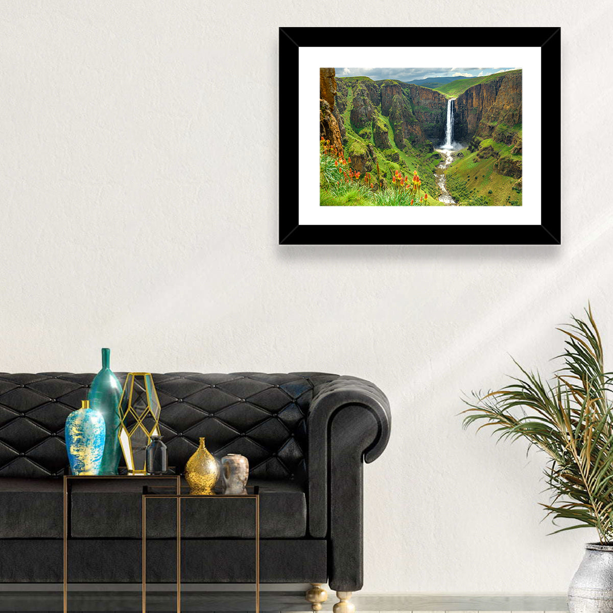 Maletsunyane Falls with Torch Lilies Wall Art in a room, landscape