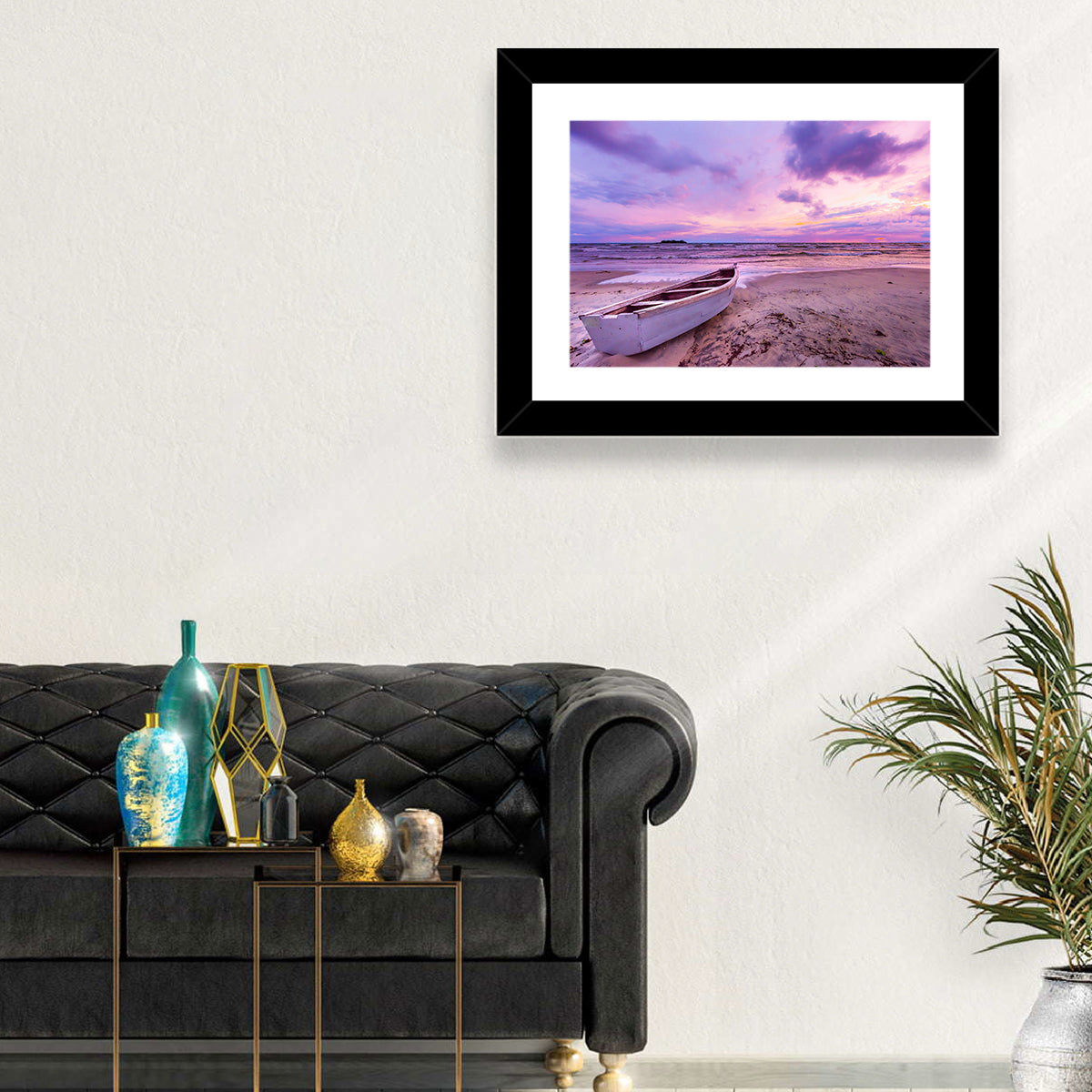 Boat at Lake Malawi Sunset Wall Art in a room, landscape