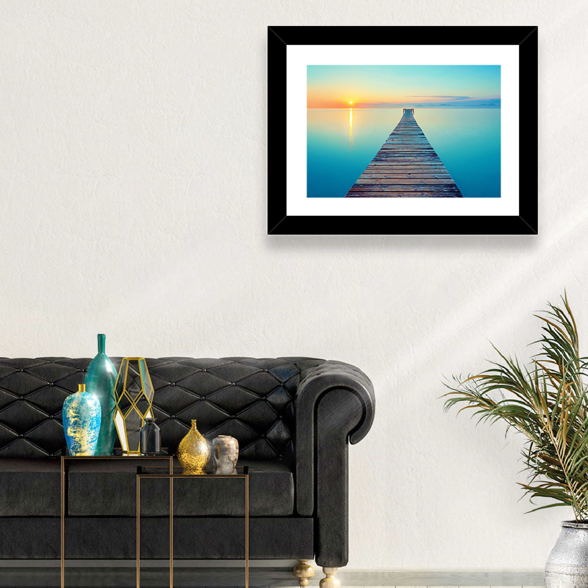Wooden Footbridge at Sunset Wall Art in a room, landscape