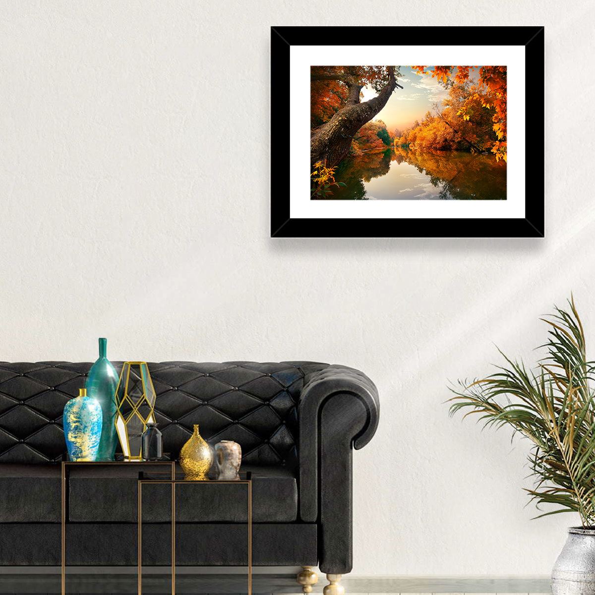 Golden Autumn River Reflections Wall Art in a room, landscape