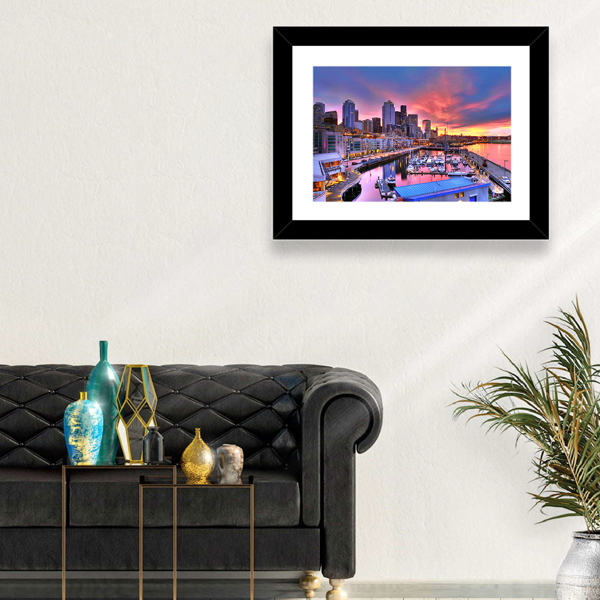 Seattle Skyline at Sunset Wall Art in a room, landscape