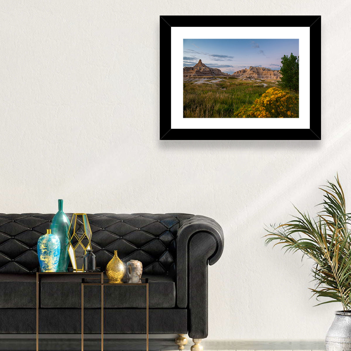 Badlands Golden Hour Meadow Wall Art in a room, landscape