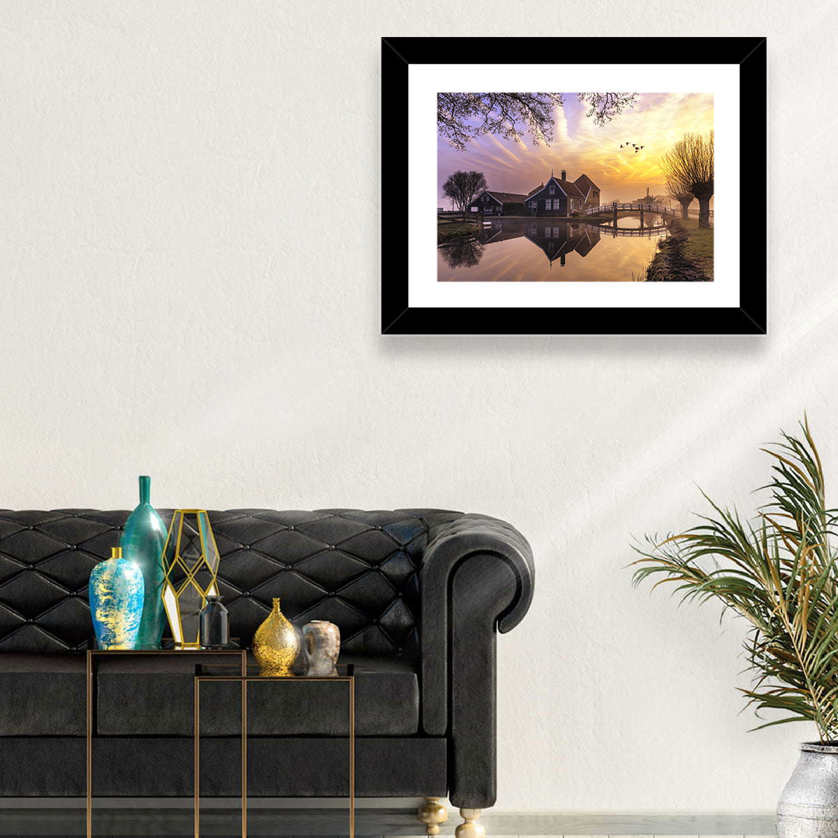 Dutch Canal House at Sunset Wall Art in a room, landscape