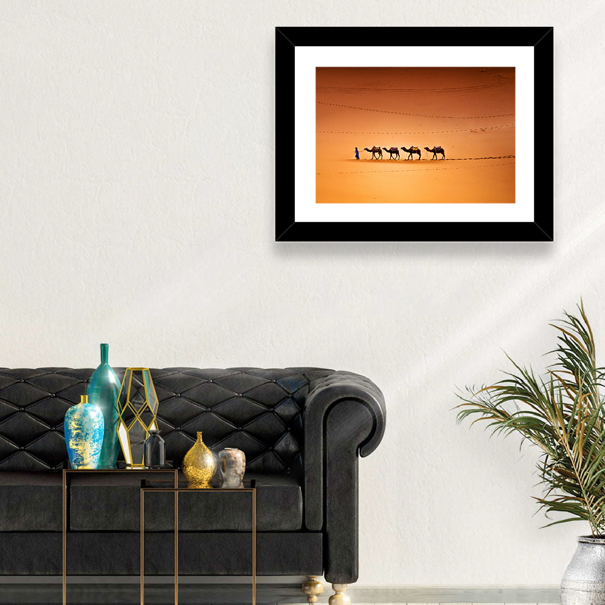 Sahara Camel Caravan Wall Art in a room, landscape