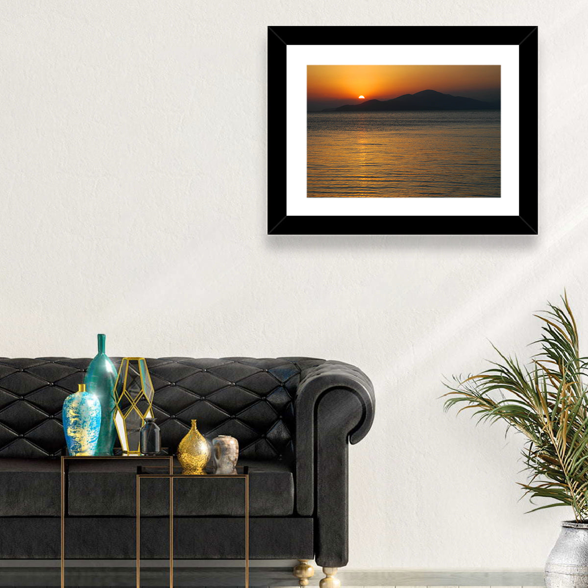 Lake Sevan Sunset Reflection Wall Art in a room, landscape