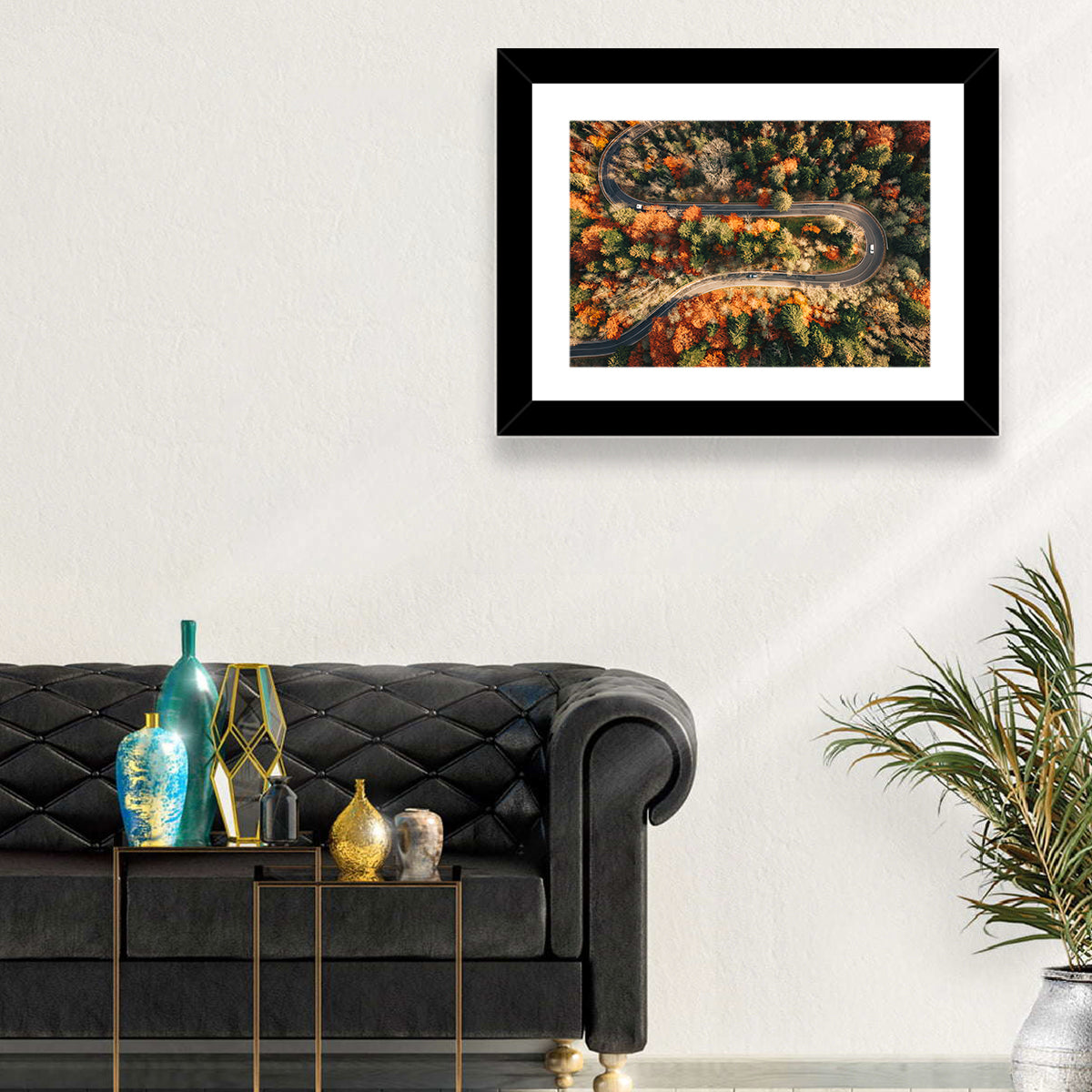 Aerial Winding Autumn Forest Road Wall Art in a room, landscape