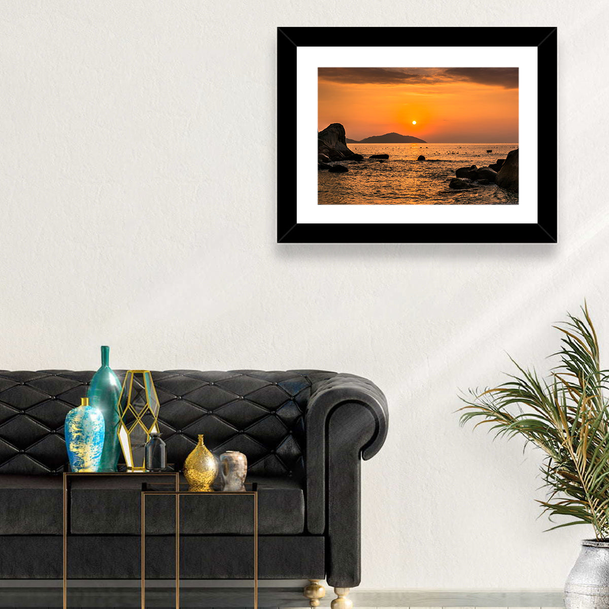Orange Sunrise Over Rocky Coast Wall Art