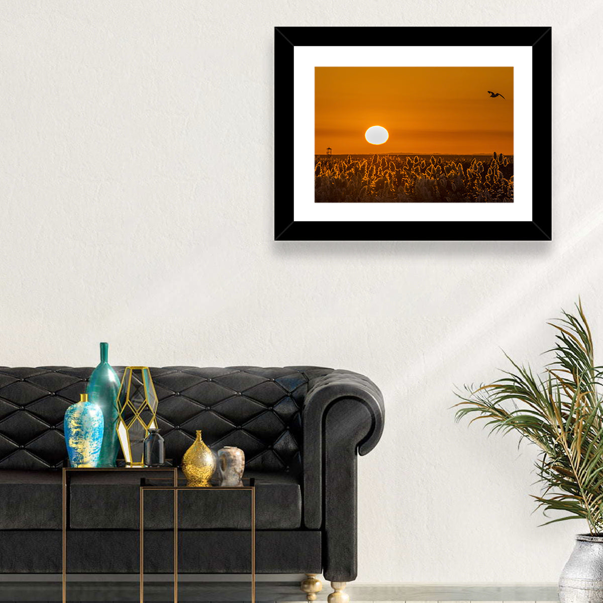 Golden Sunrise Over Reeds Wall Art in a room, landscape