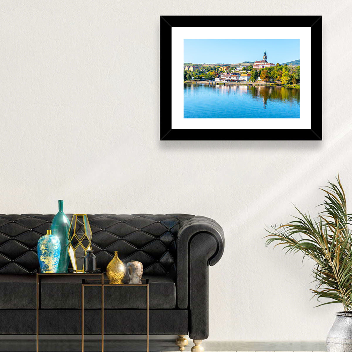 Roudnice Castle Riverbank Reflections Wall Art in a room, landscape