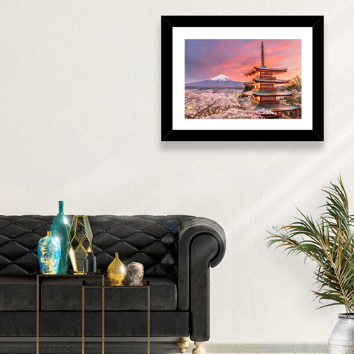 Chureito Pagoda and Mount Fuji at Sunset Wall Art in a room, landscape