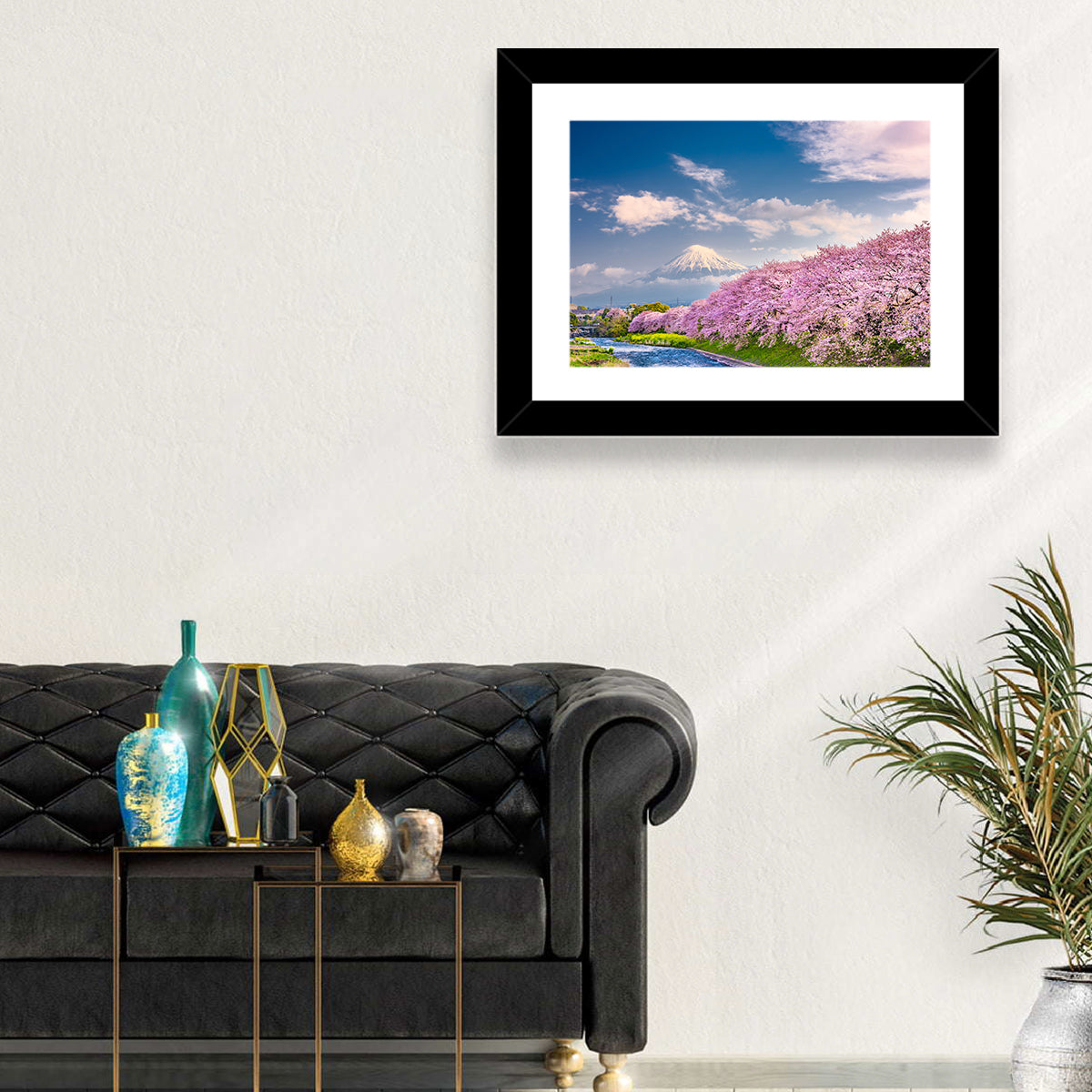 Mount Fuji Cherry Blossoms Wall Art in a room, landscape