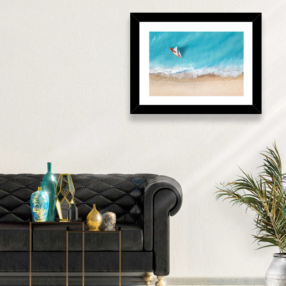 Centered Sailboat Over Turquoise Sea Wall Art in a room, landscape