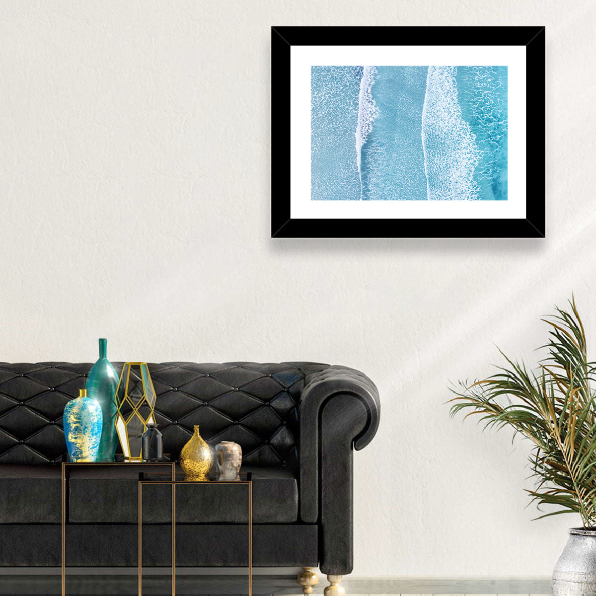 Twin Breaking Waves Over Turquoise Sea Wall Art in a room, landscape