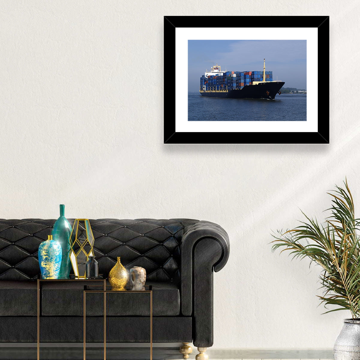 Container Ship in Motion Wall Art in a room, landscape