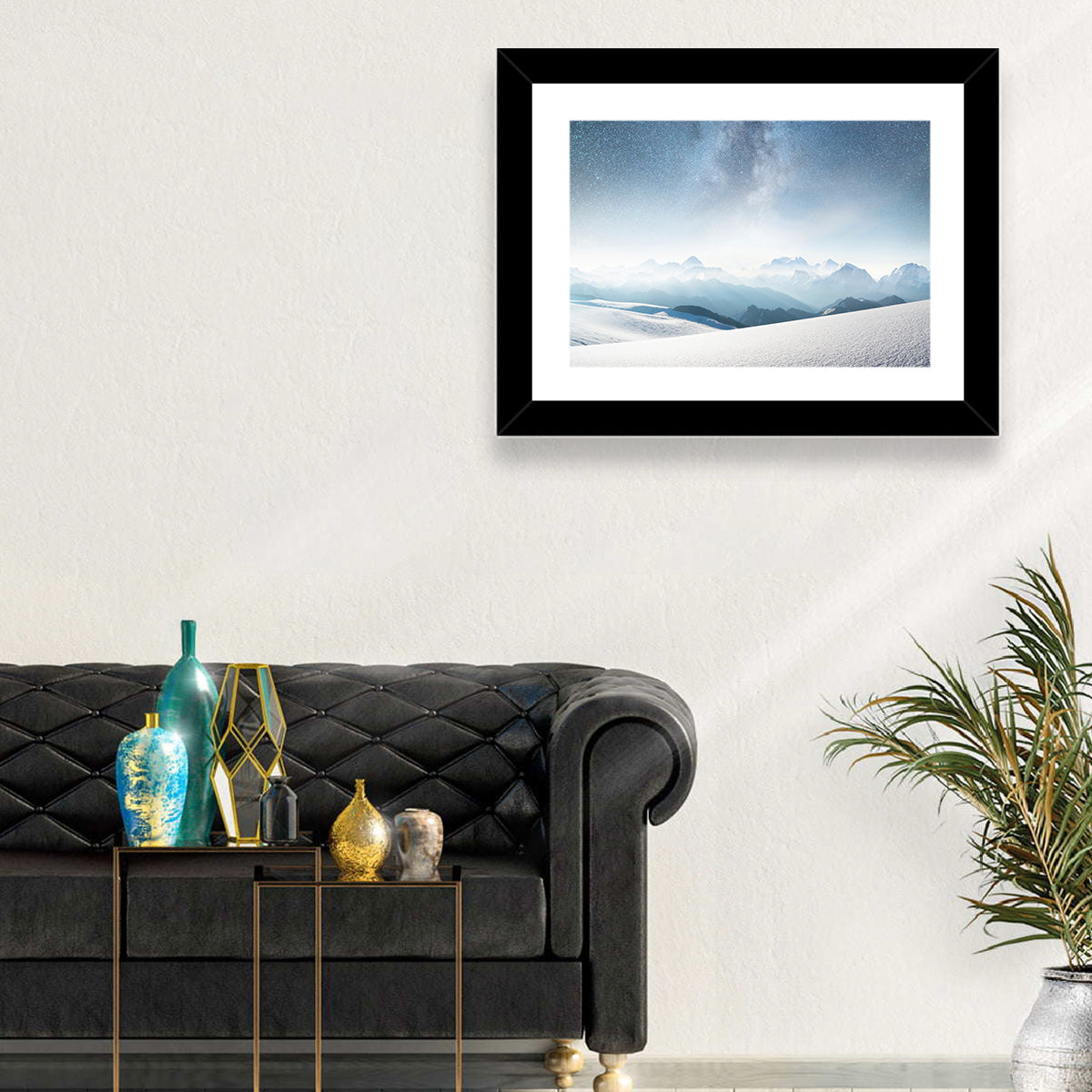 Starry Milky Way Over Snowy Peaks Wall Art in a room, landscape