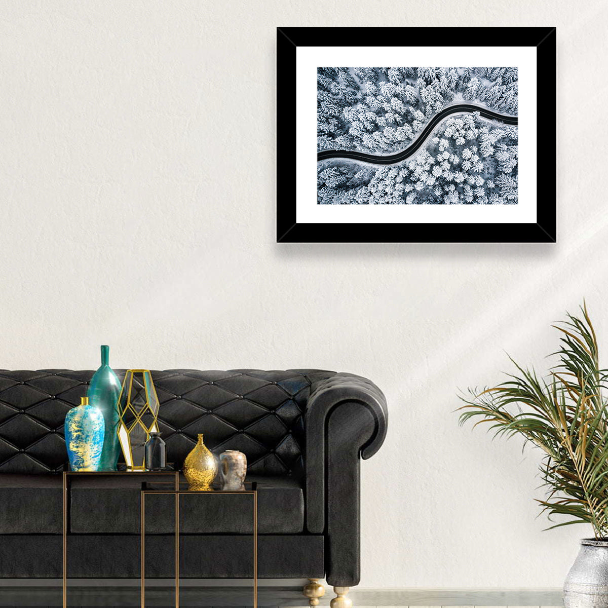 S-curve Winter Forest Road Wall Art in a room, landscape