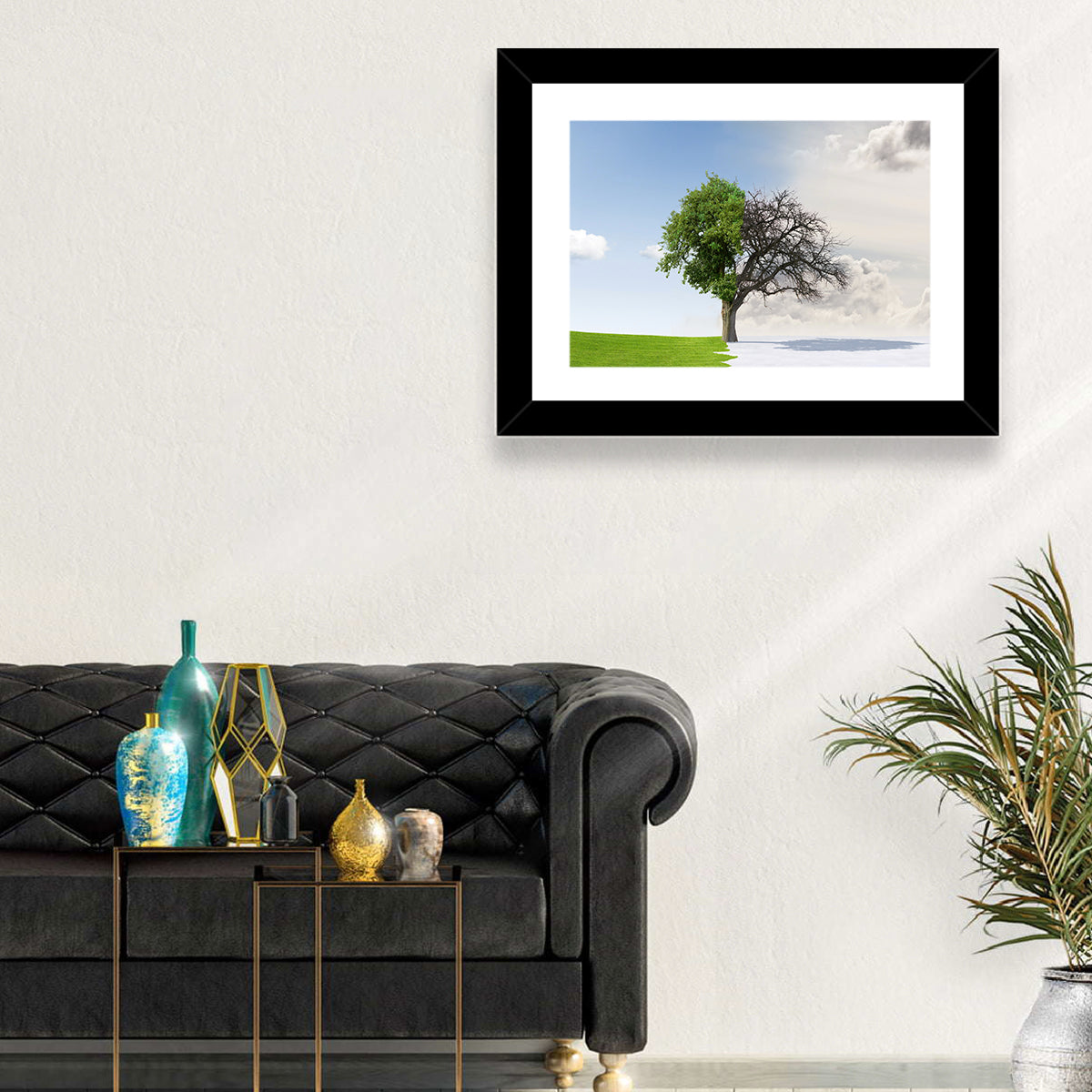 Summer to Winter Split Tree Wall Art in a room, landscape
