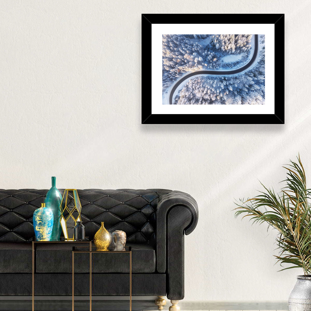 Winding Snow-covered Forest Road Wall Art in a room, landscape