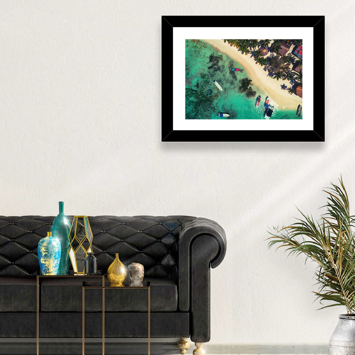 Aerial Tropical Shoreline with Six Boats Wall Art