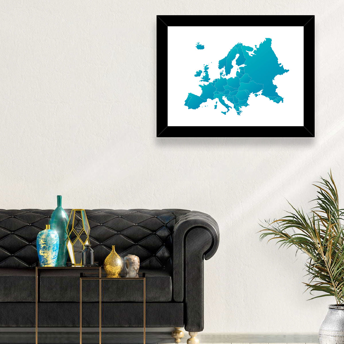 Teal Gradient Europe Map Wall Art in a room, landscape
