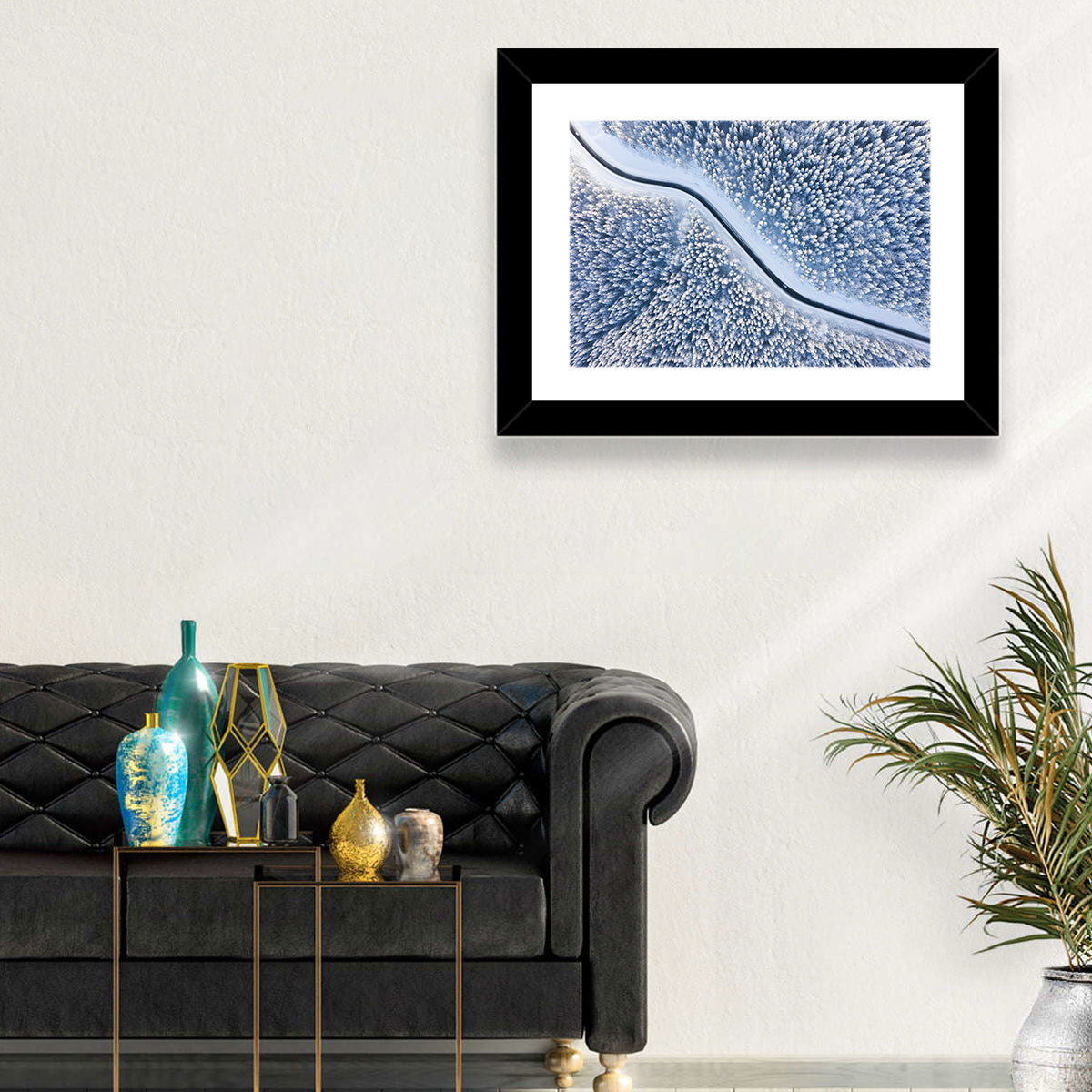 Winding Snowy Forest Road Wall Art in a room, landscape