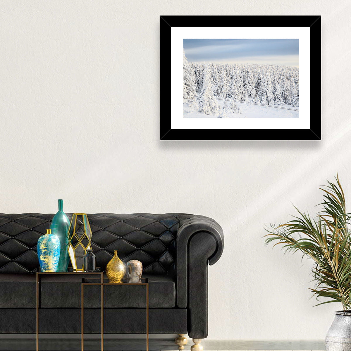 Snowy Forest Railway Tracks Wall Art in a room, landscape