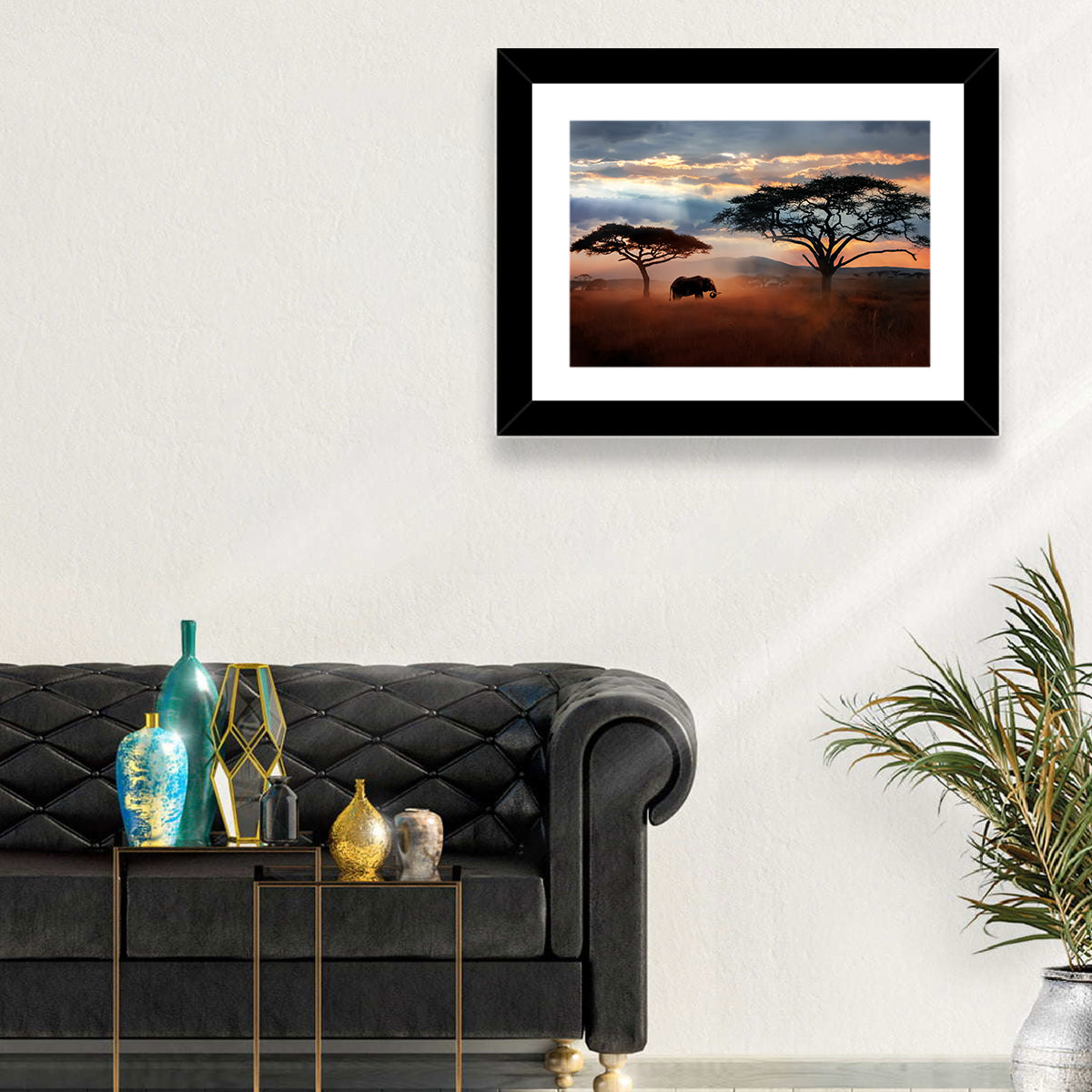 Savanna Elephant at Sunset Wall Art in a room, landscape