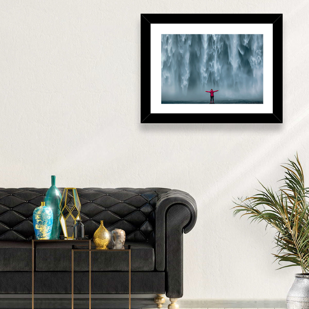 Skogafoss Waterfall with Figure in Pink Wall Art in a room, landscape