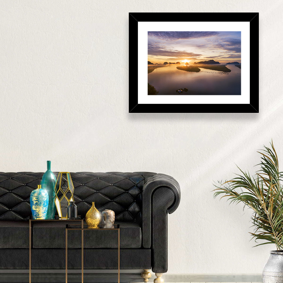 Phang Nga Bay Sunrise Wall Art in a room, landscape