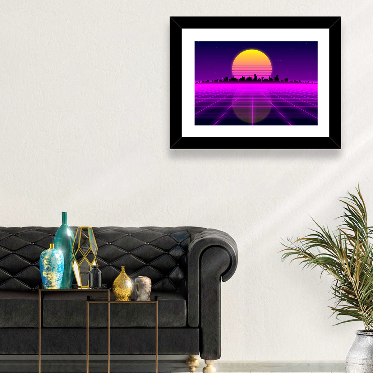 Neon Sunrise Skyline Wall Art in a room, landscape