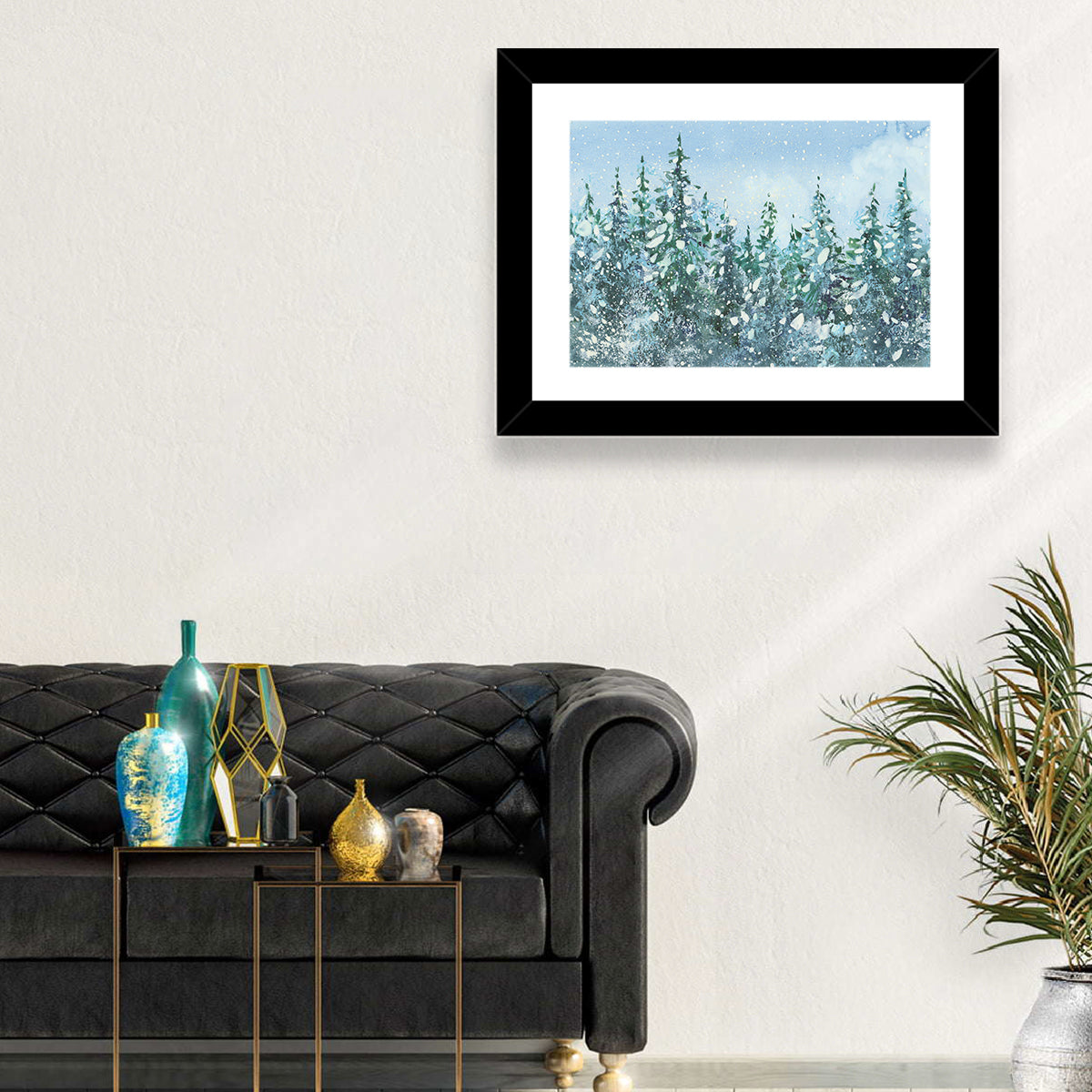 Snowy Spruce Forest Wall Art in a room, landscape