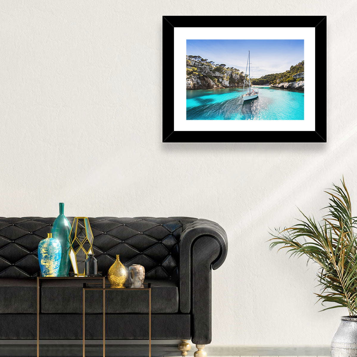 Menorca Cove Sailboat Wall Art in a room, landscape
