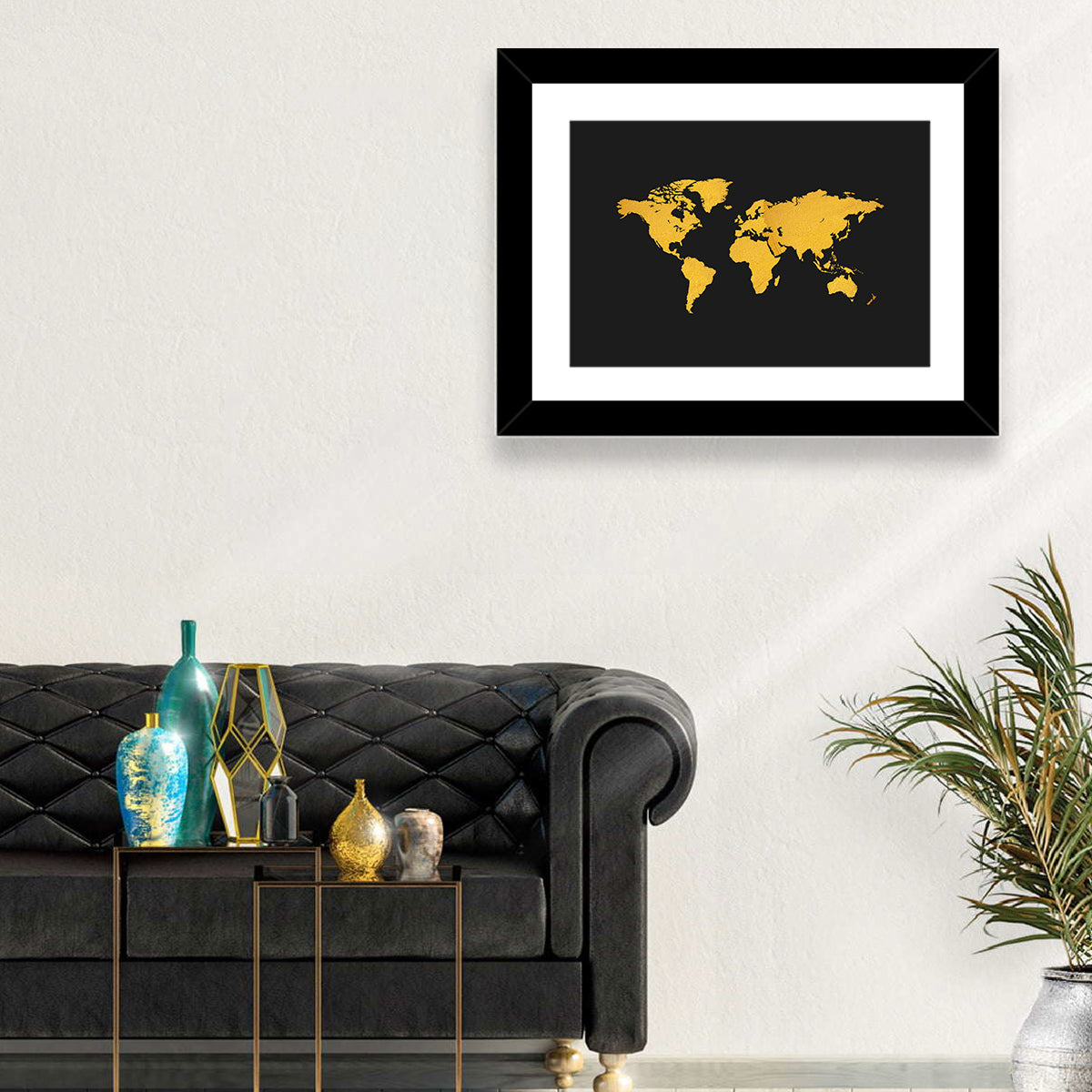Gold Texture World Map Wall Art in a room, landscape