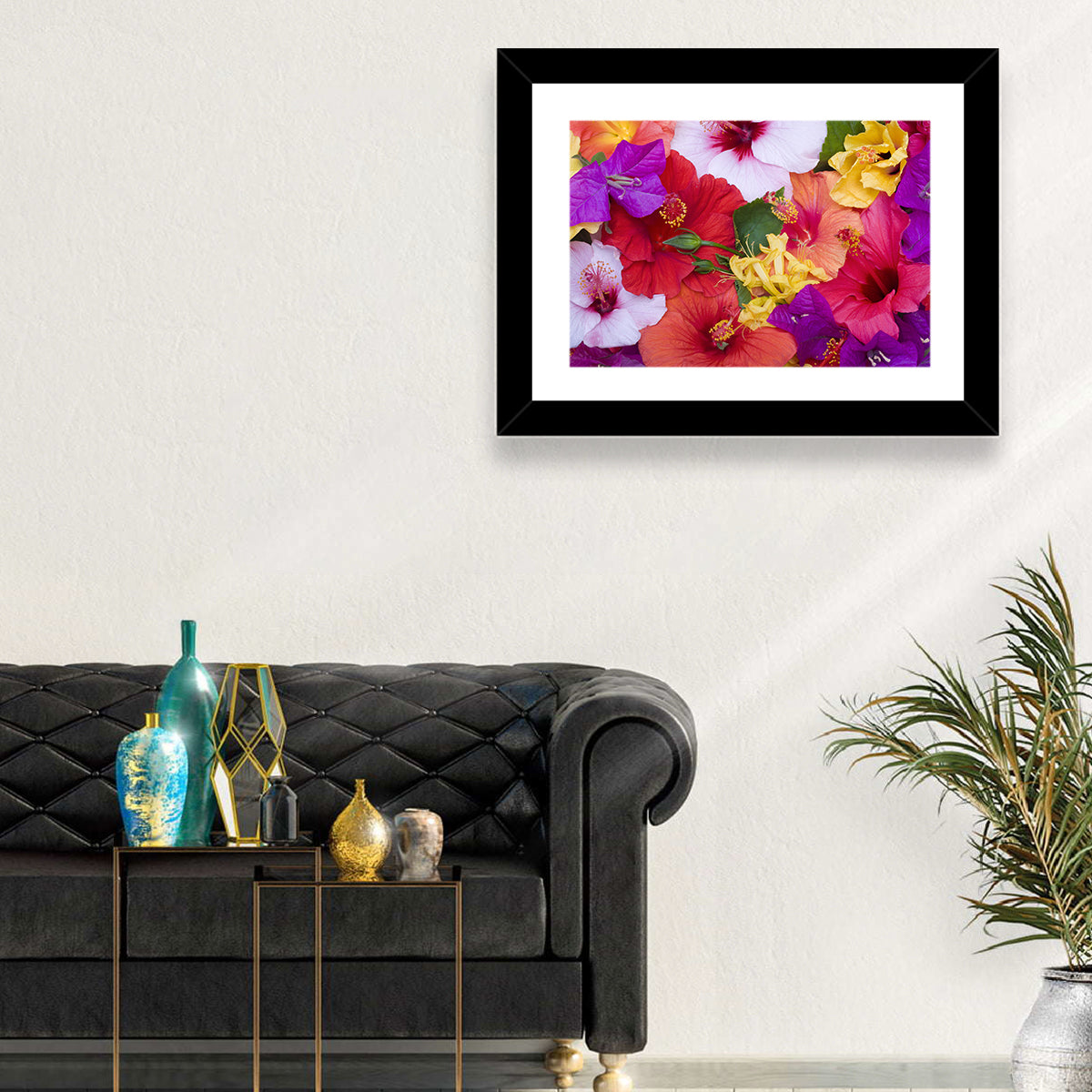 Tropical Bougainvillea and Hibiscus Bloom Wall Art in a room, landscape