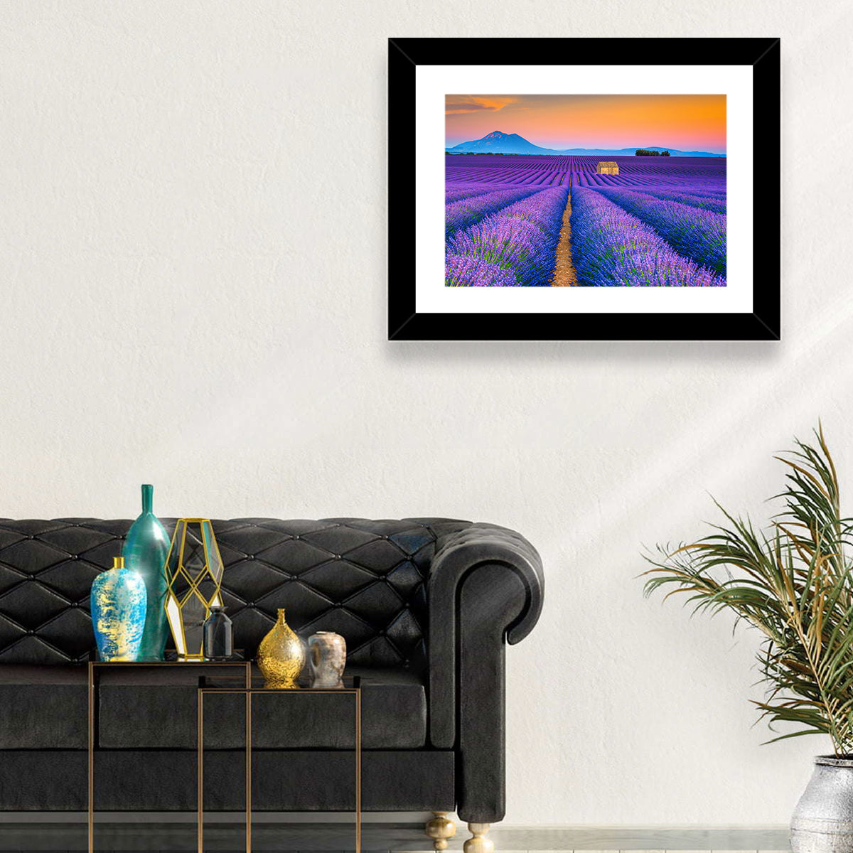 Valensole Lavender Fields at Sunset Wall Art in a room, landscape