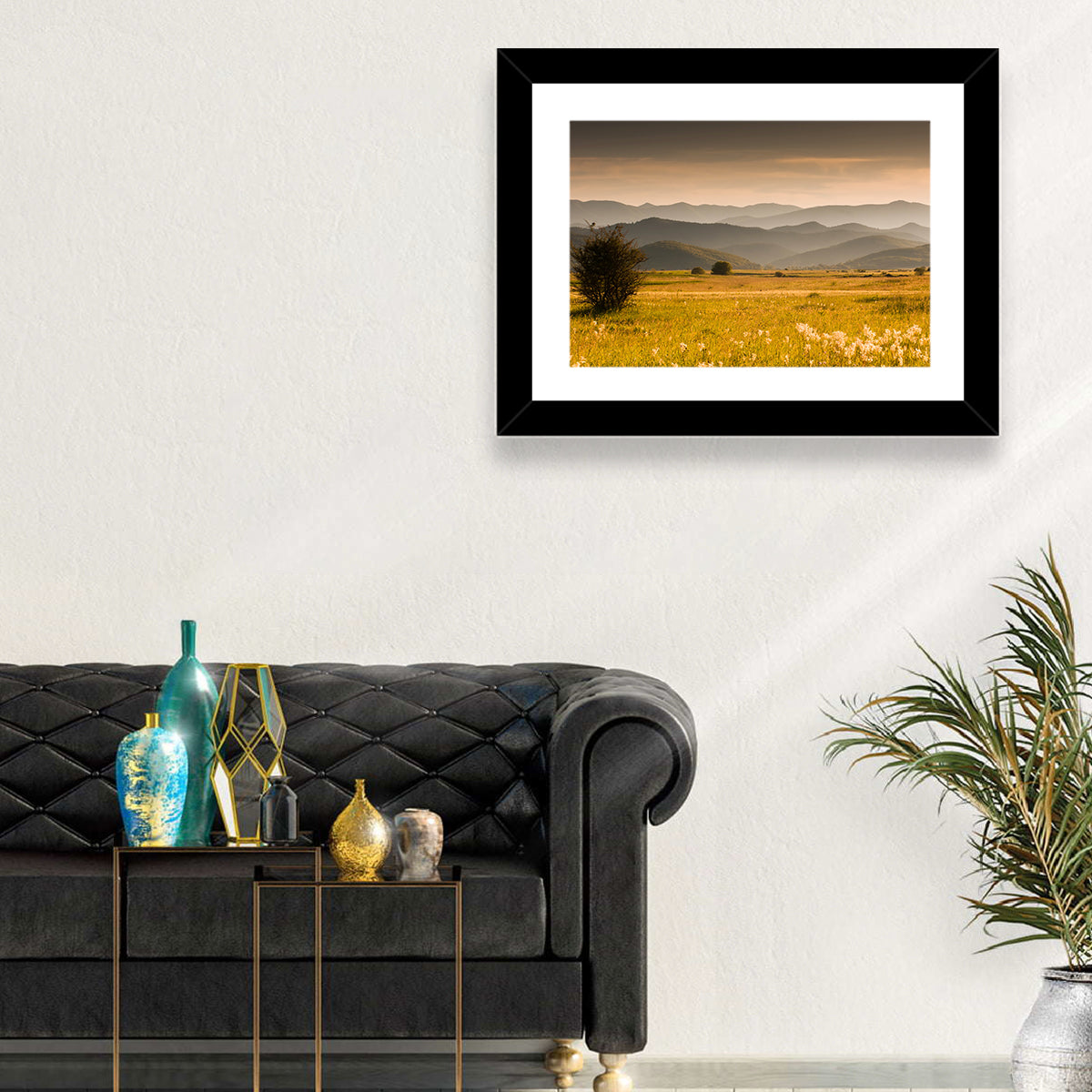 Golden Hour Countryside Hills Wall Art in a room, landscape