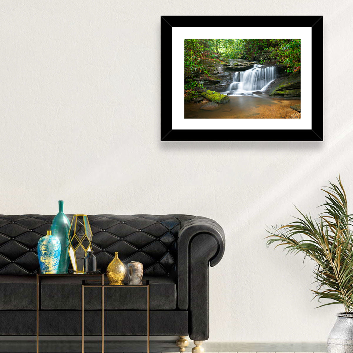 Blue Ridge Mossy Waterfall Wall Art in a room, landscape