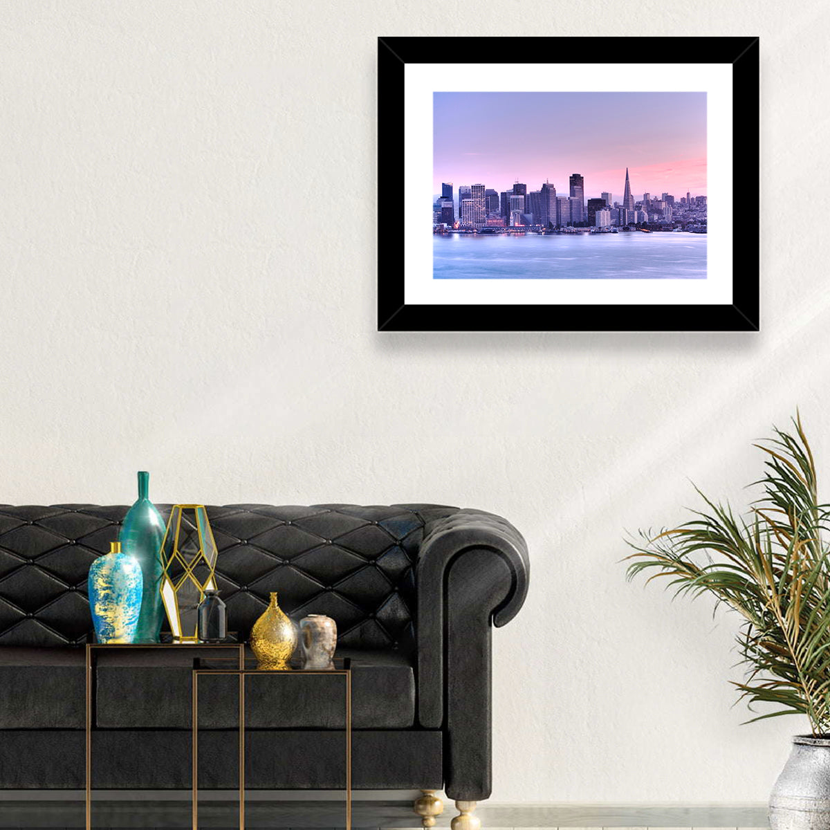 San Francisco Skyline at Lavender Dusk Wall Art in a room, landscape