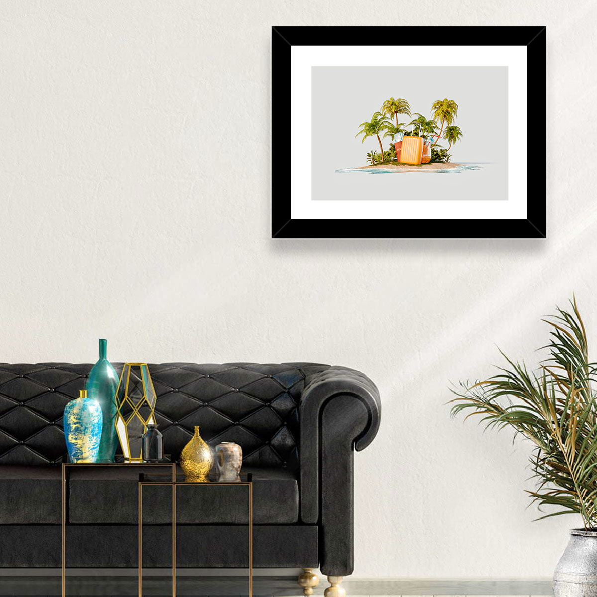 Tropical Island Vacation Illustration Wall Art in a room, landscape