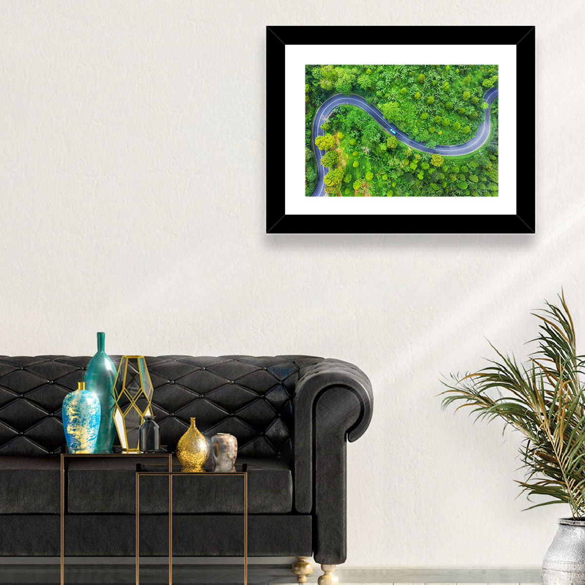 Blue Car on Summer Forest Road Wall Art in a room, landscape