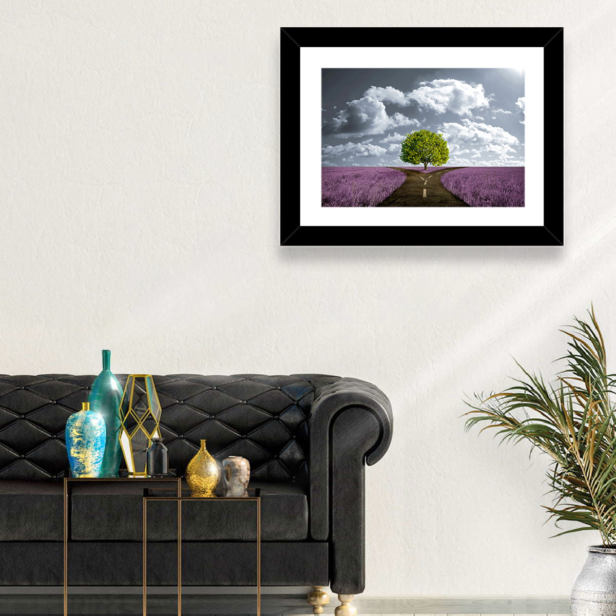 Lavender Field Crossroads with Lone Tree Wall Art in a room, landscape