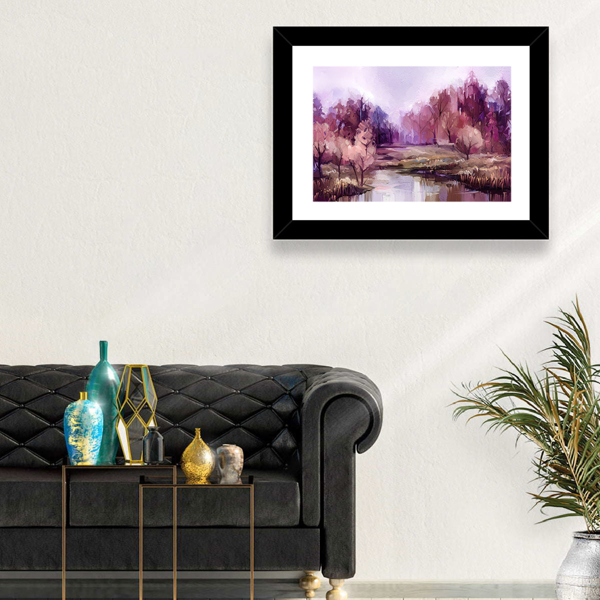 Lavender Autumn Forest Watercolor Wall Art in a room, landscape